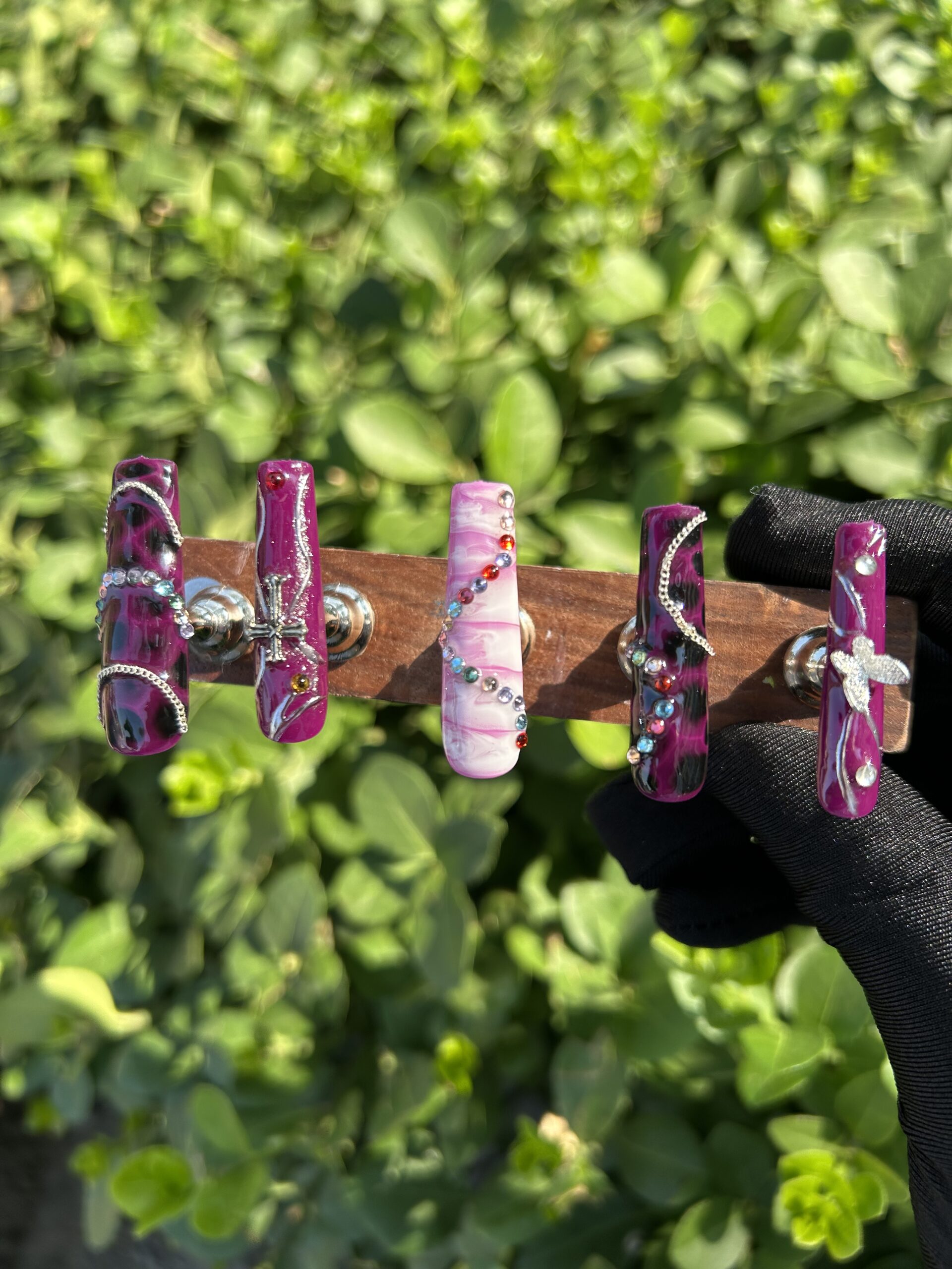 7 Purple Leopard Cross Colorful Rhinestone Press‑On Nails — image 1
