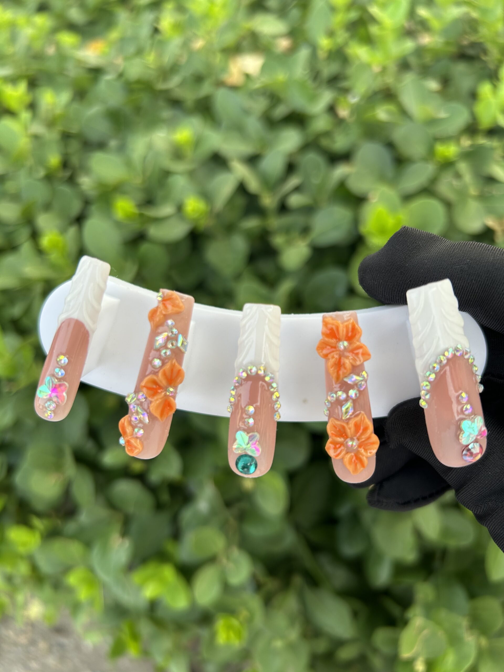 85 Orange 3D Flower Butterfly Rhinestone Press‑on Nails — image 1