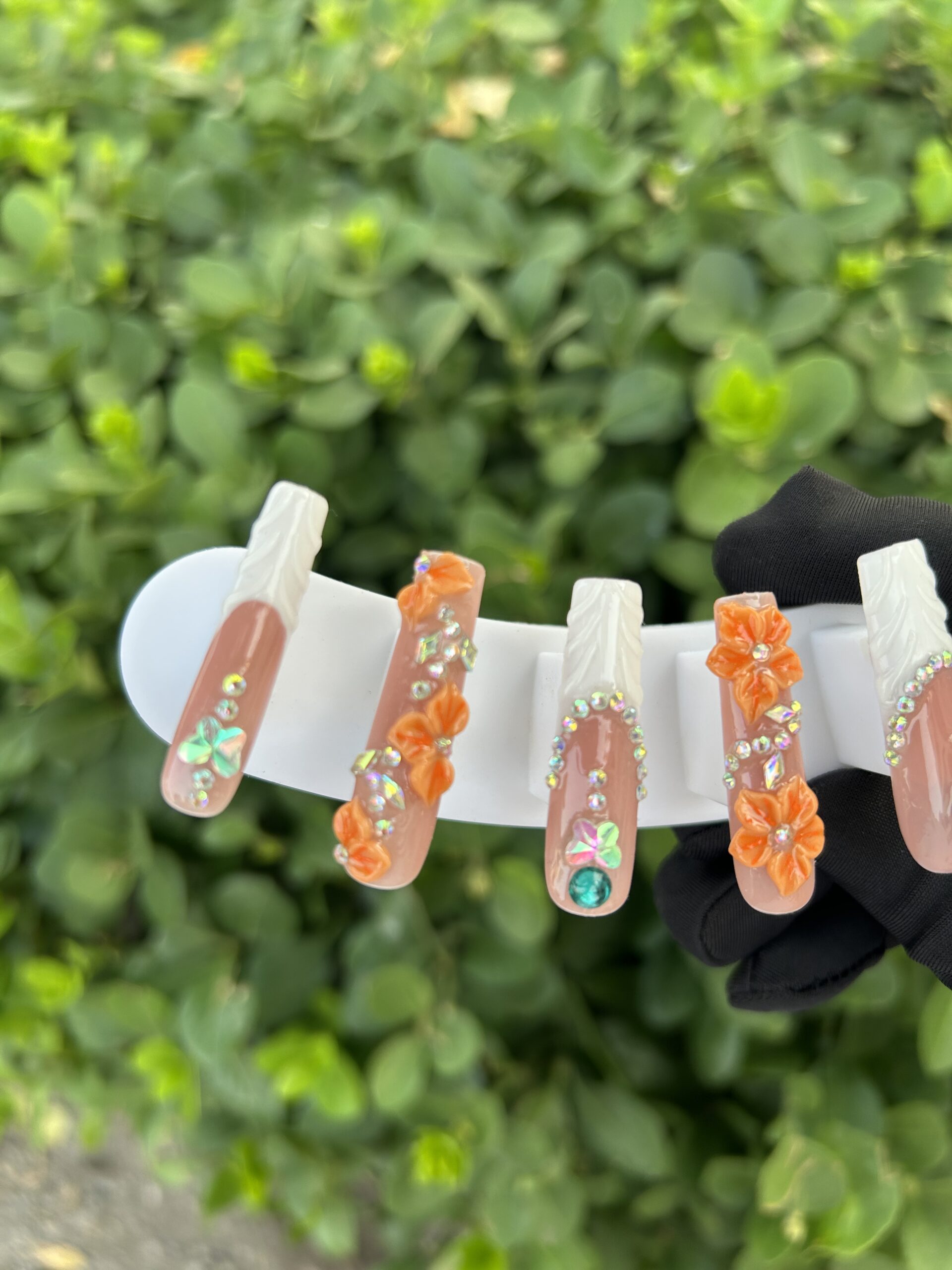85 Orange 3D Flower Butterfly Rhinestone Press‑on Nails — image 3