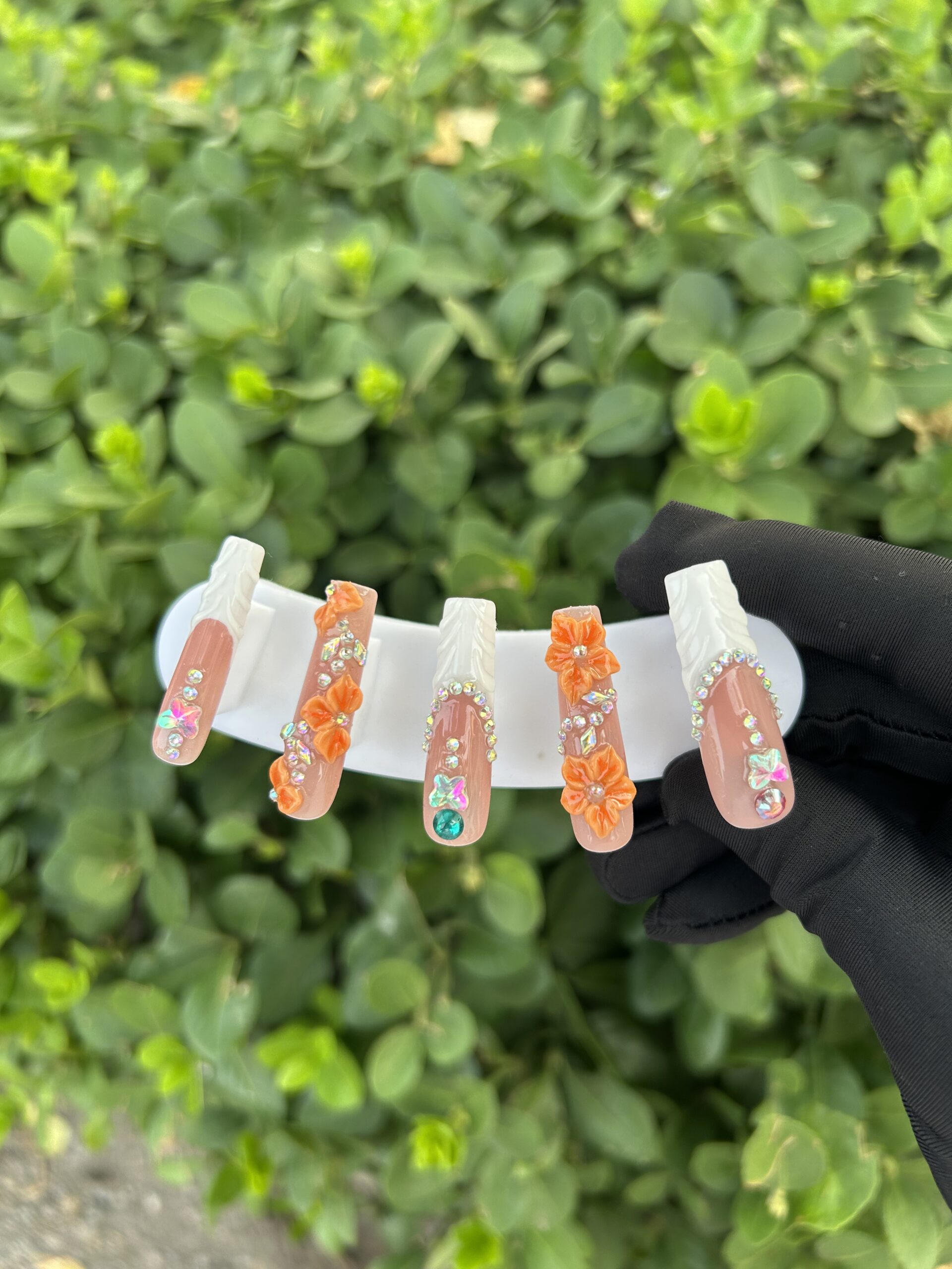 85 Orange 3D Flower Butterfly Rhinestone Press‑on Nails — image 4