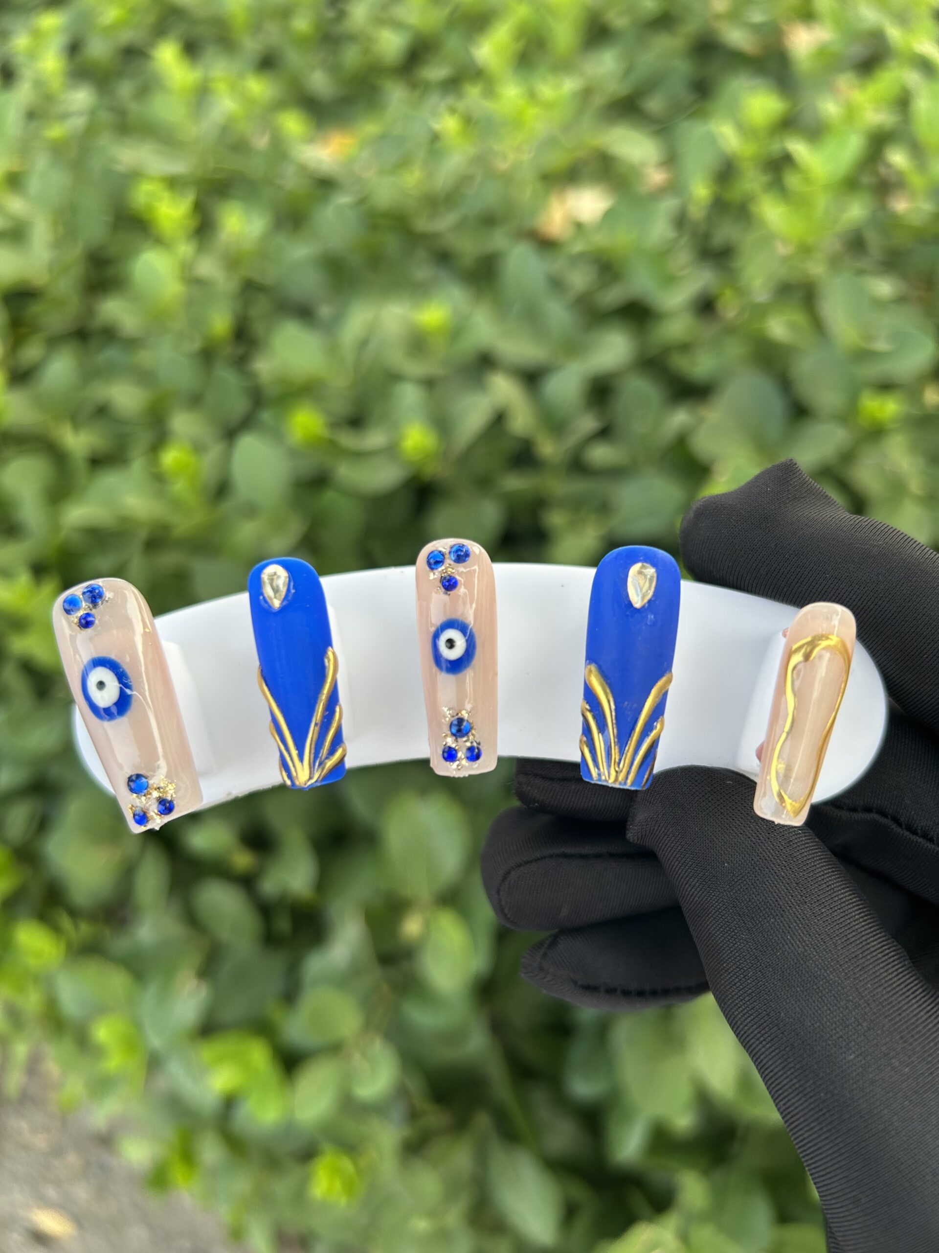 89 Klein Blue Evil‑Eye Gold Liner Rhinestone Press‑on Nails — image 1