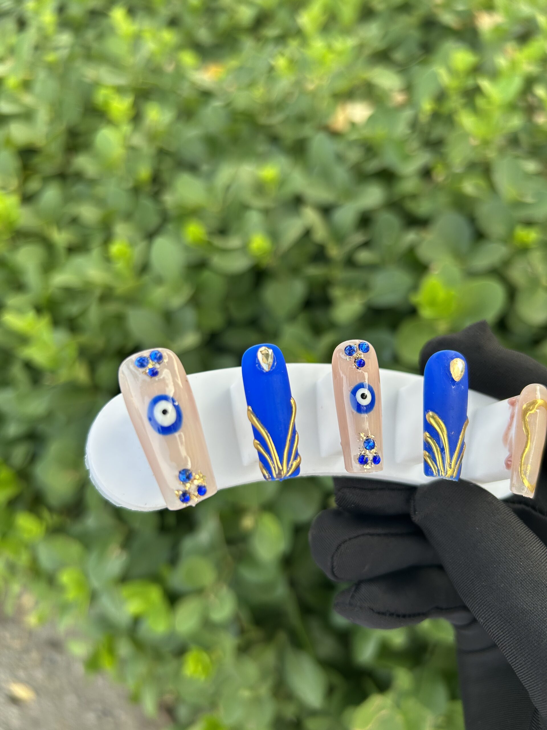 89 Klein Blue Evil‑Eye Gold Liner Rhinestone Press‑on Nails — image 2