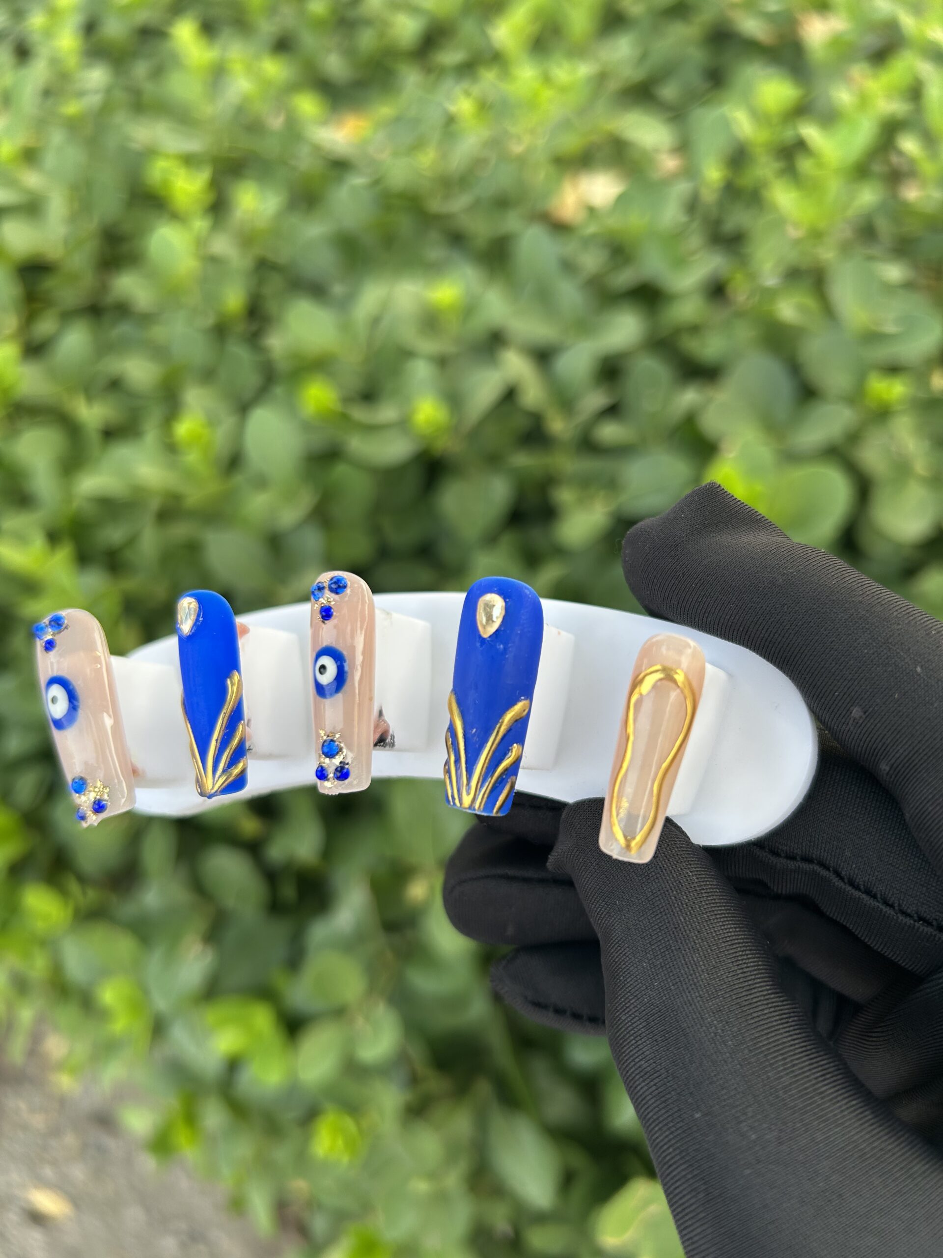 89 Klein Blue Evil‑Eye Gold Liner Rhinestone Press‑on Nails — image 3