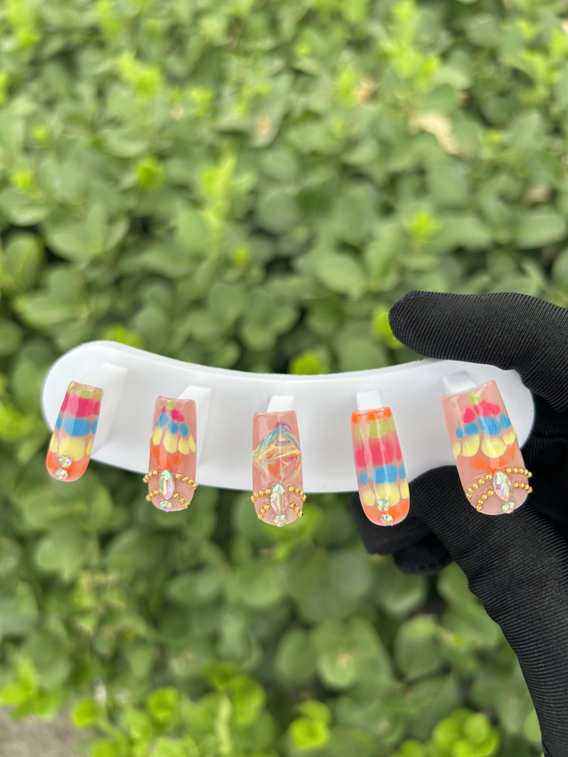 101 Macaron Rainbow Hand‑Painted Gold Chain AB Rhinestone Press‑on Nails — image 2