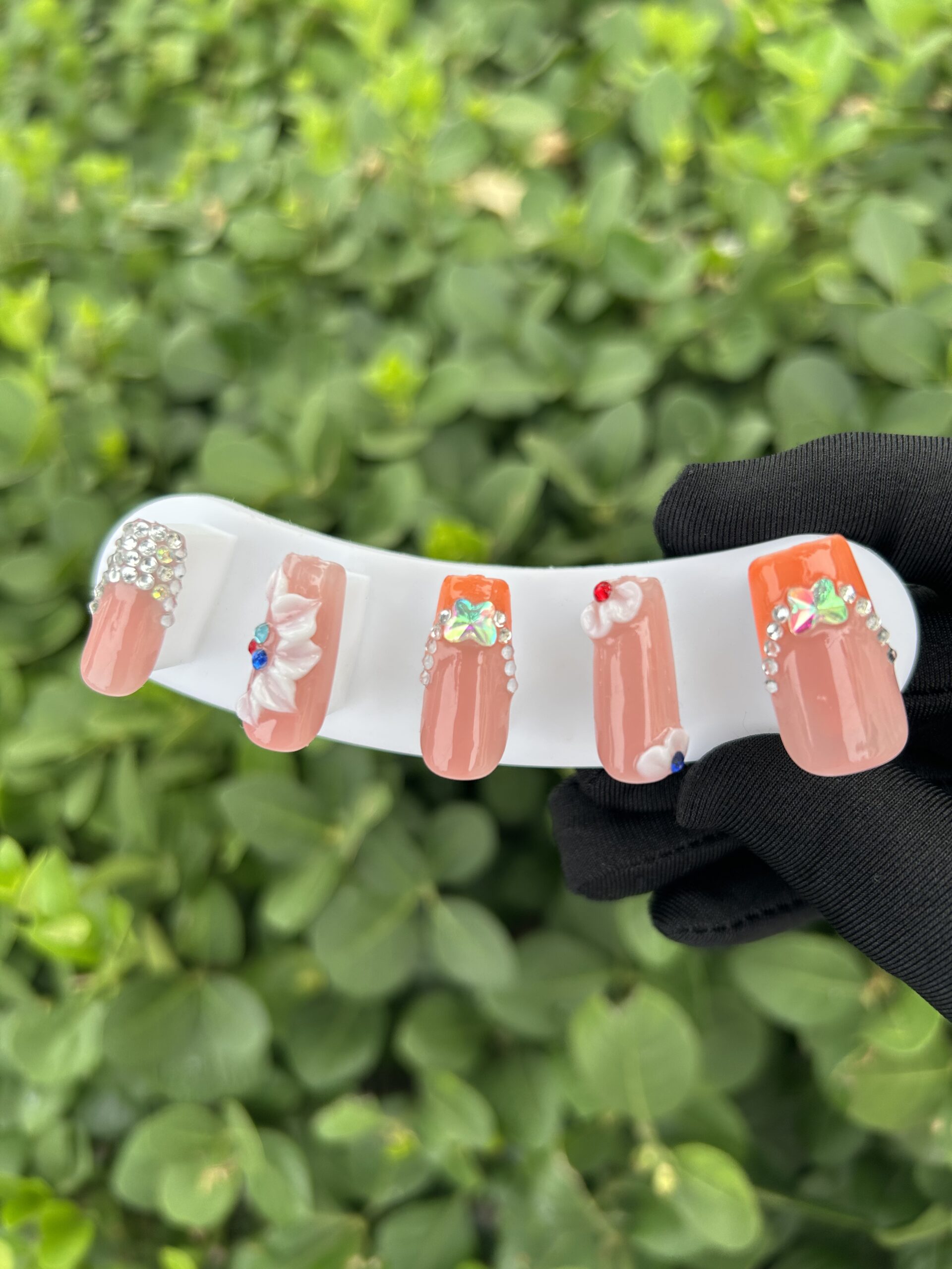 103 Nude‑Pink 3D White Flower Colorful Rhinestone Butterfly Bling Press‑on Nails — image 1