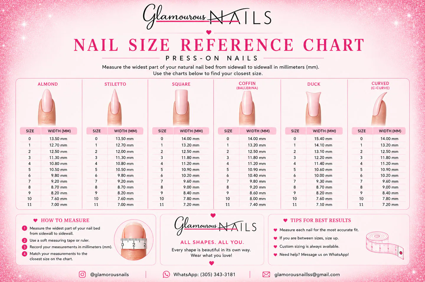 Glamourous Nails nail size reference chart